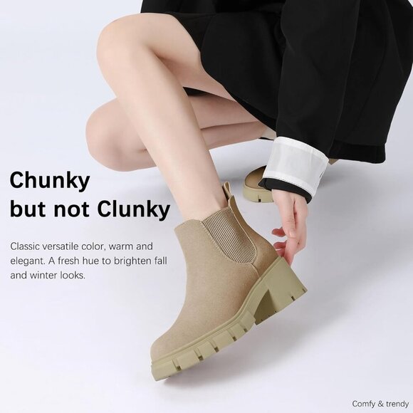 🆕Women's Chelsea Platform Ankle Booties Low Heel Slip-On Suede Casual Nude - Picture 5 of 8
